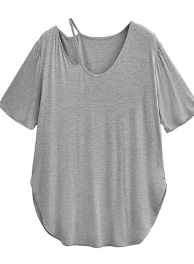 MICN随性酷一下V领显瘦露肩短袖T恤女夏季宽松显瘦开叉设计感上衣
