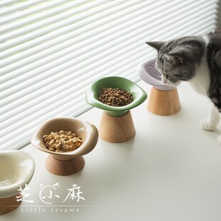 芝小麻荷叶田田高脚猫碗狗碗保护颈椎分体猫粮碗可拆洗陶瓷宠物碗