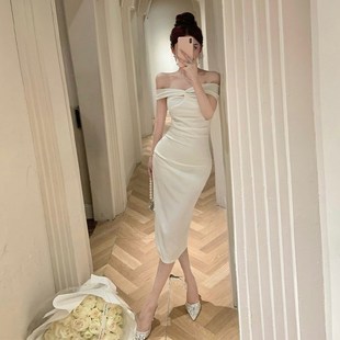 法式露肩礼服修身晚会宴会优雅气质中长款一字肩开叉中长款连衣裙