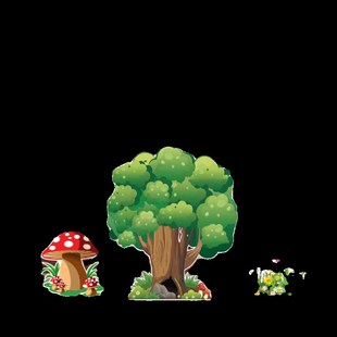 舞台背景道具表演井底之蛙装饰KT板大树河流花丛树木房子蘑菇道具