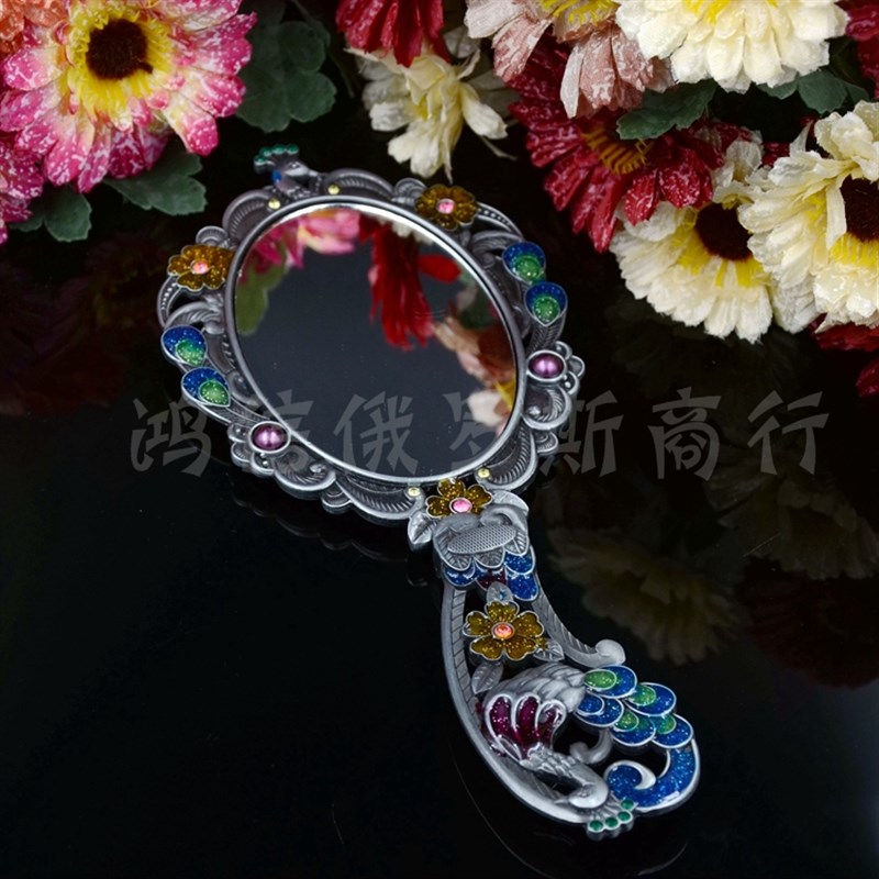 出口俄罗斯化妆镜全折柄折叠镜便携手柄镜台式镜复古孔雀拖尾镜子