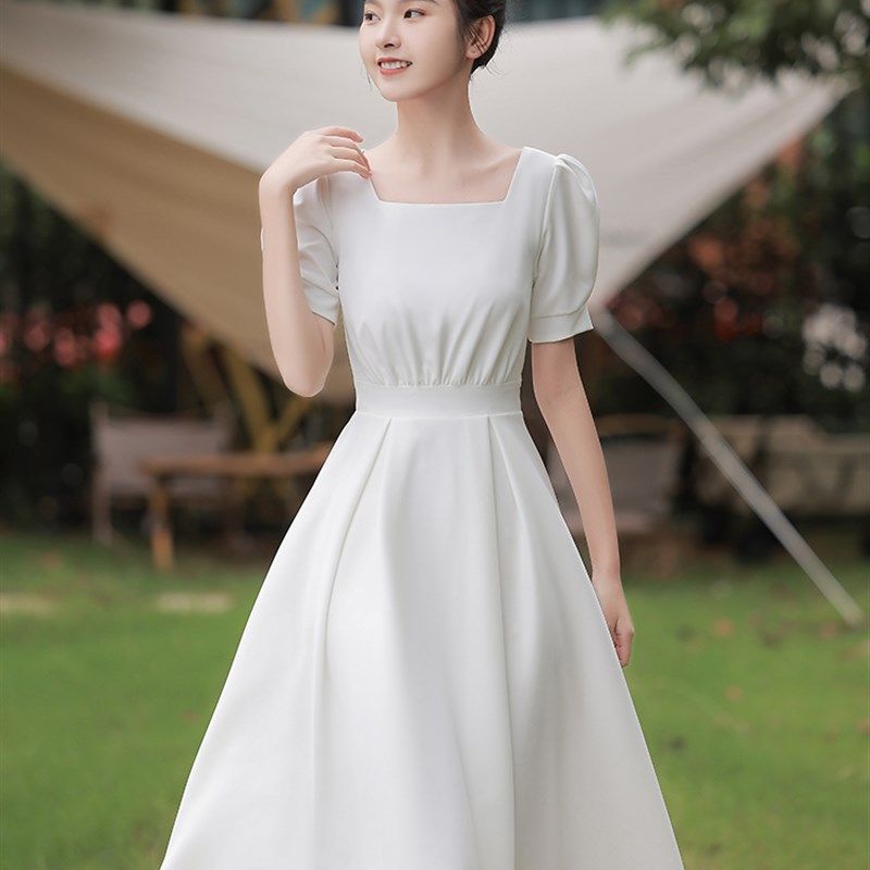 缎面轻婚纱法式简约小个子领证登记小白裙方领平时可穿订婚小礼服