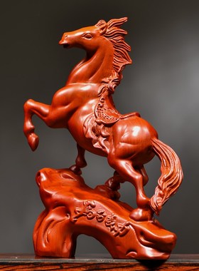 花梨木雕马到成功摆件实木质新中式家居办公书房桌面装饰工艺礼品