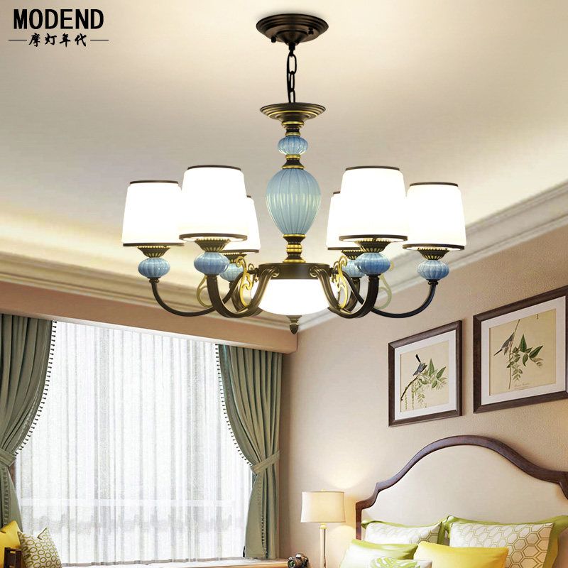 美式乡村客厅陶瓷吊灯简约欧式防尘餐厅卧室铁艺玻璃田园家用灯饰