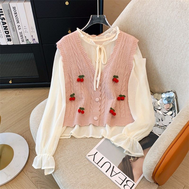 女大童针织马甲衬衫两件套装秋冬款初中生女孩甜美小清新开衫毛衣