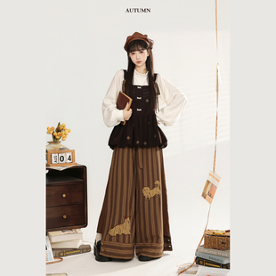 华服未来原创汉服女汉元素主腰宋裤咖啡色日常国风圆领衫绵绵铃铛