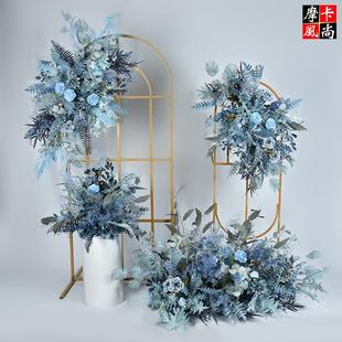 饰花艺 婚庆仿真排花拱门挂花雾霾蓝色绢花排婚礼舞台背景布置装