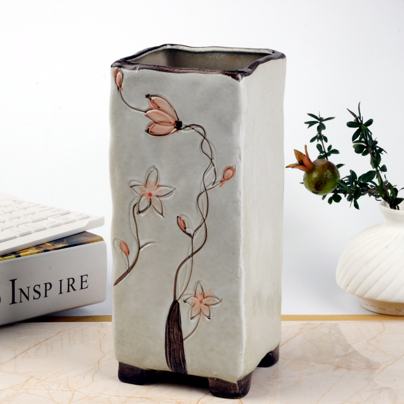 白色多肉植物花盆欧式简约手绘老桩高款法师陶瓷花盆干花花插器