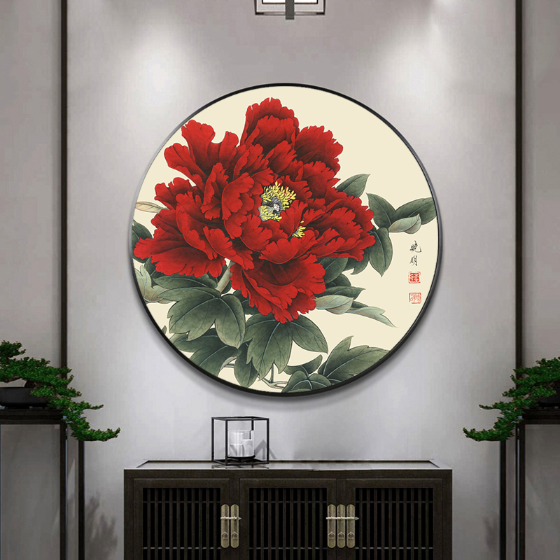 新中式花开富贵玄关入户装饰画客厅餐厅背景墙壁画牡丹花圆形挂画图片