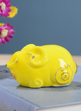 陶瓷招财小黄色牛摆件风水家居室内装饰品电视柜装饰品工艺品摆设