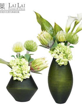 刻磨玻璃花瓶白绿色仿真花艺套装售楼处样板房客厅餐桌装饰品摆件