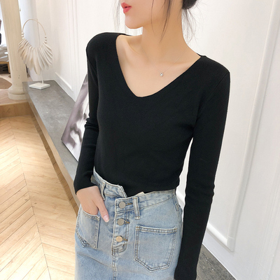 秋冬2023新款V领内搭长袖针织衫上衣春秋薄款低领毛衣女士打底衫