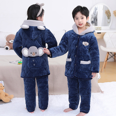 儿童睡衣冬季加厚长款三层夹棉特厚水晶绒男童女童宝宝家居服套装
