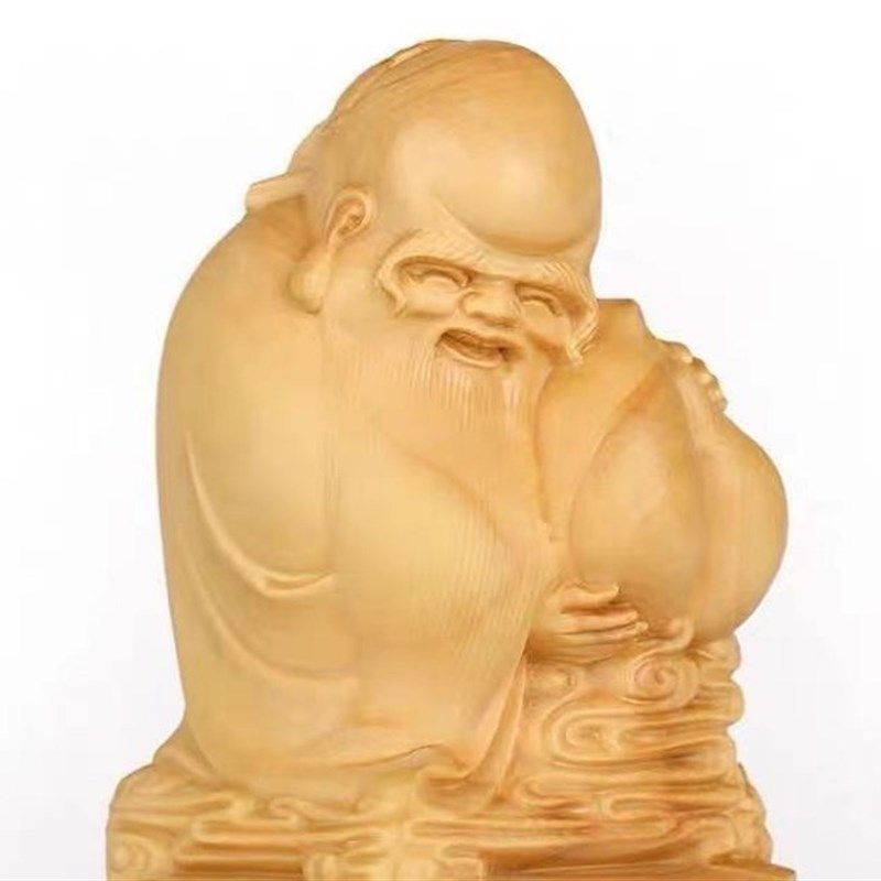 原色小叶黄杨木雕手把件小摆件上色彩绘雕刻工艺品抱桃寿星寿星公
