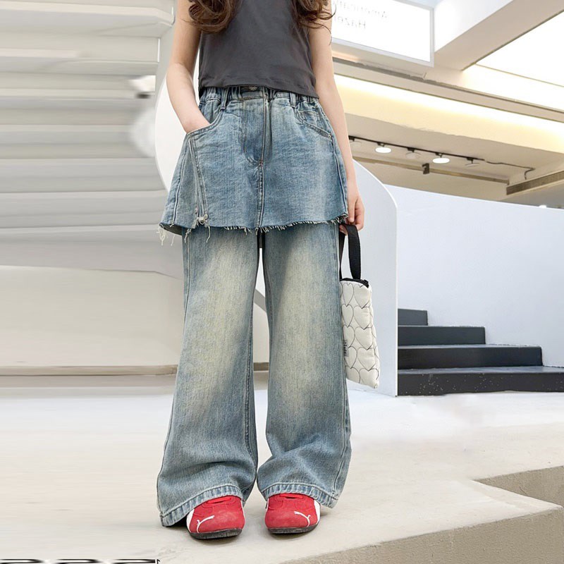 女童屁帘直筒牛仔裤2025春夏宽松休闲长裤子中大童装阔腿裤儿童潮