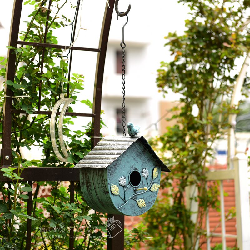 铁艺咖黄色垂吊鸟屋小鸟花枝阳台花园杂货装饰品防雨创意鸟窝