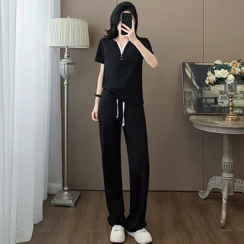 休闲运动服套装女2025年夏季新款爆款拼色V领短袖阔腿长裤两件套