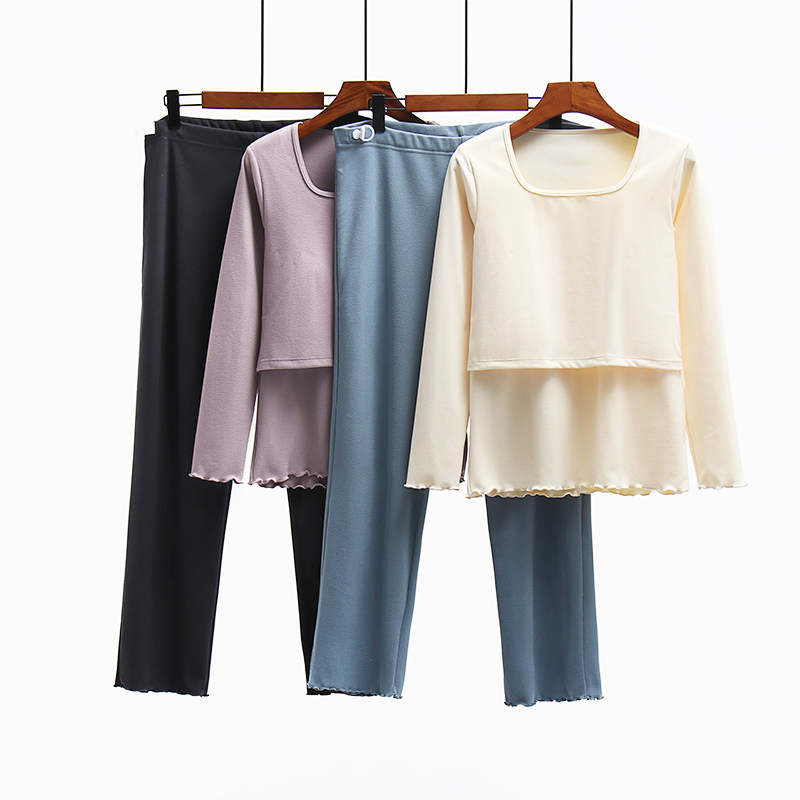 德绒哺乳睡衣上衣套装秋冬季加绒加厚打底衫孕妇产后喂奶衣月子服