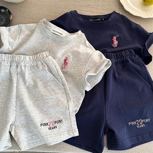 儿童休闲运动套装夏季男童字母短裤潮牌短袖T恤两件套女