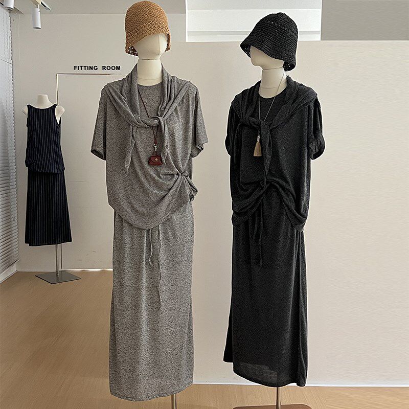 休闲套装女装夏薄款麻料披肩宽松t恤上衣+长款半身裙极简风三件套