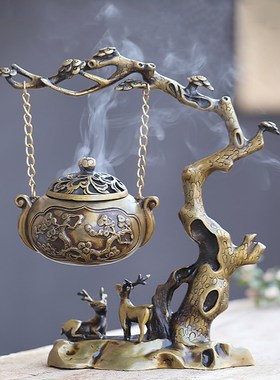 福鹿纯铜香炉摆件中式熏香室内悬挂吊炉檀香炉书房茶室古风装饰品