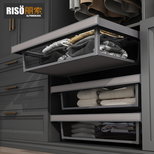 衣帽间轻奢玻璃衣柜拉篮抽屉式衣橱内置伸缩裤架收纳架储物篮皮篮