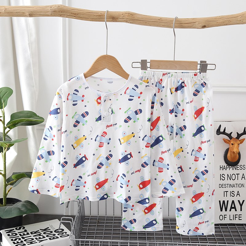 儿童家居服夏季薄款男童女童长袖套装纯棉小童空调服夏装宝宝睡衣