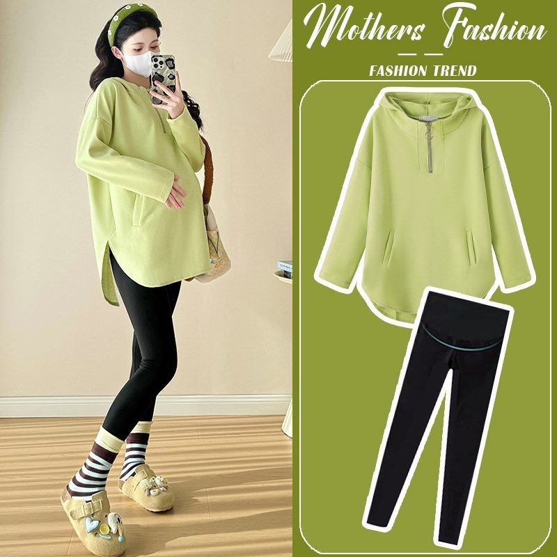 孕妇套装春秋2025新款时尚休闲长袖绿色半拉链连帽卫衣裤子两件套