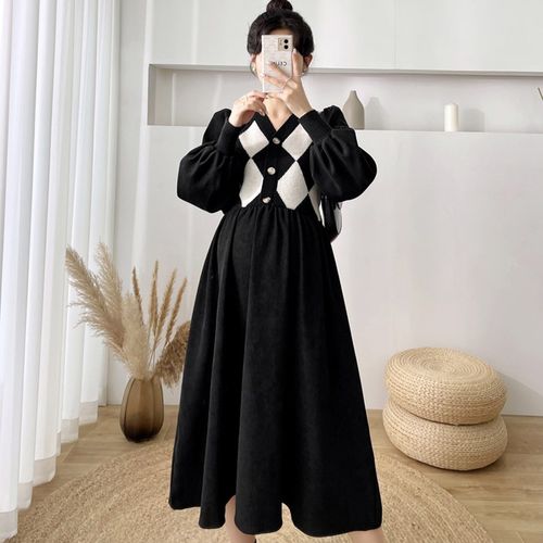 秋季孕妇装秋装套装时尚款长袖大码假两件毛衣拼接连衣裙秋款长裙