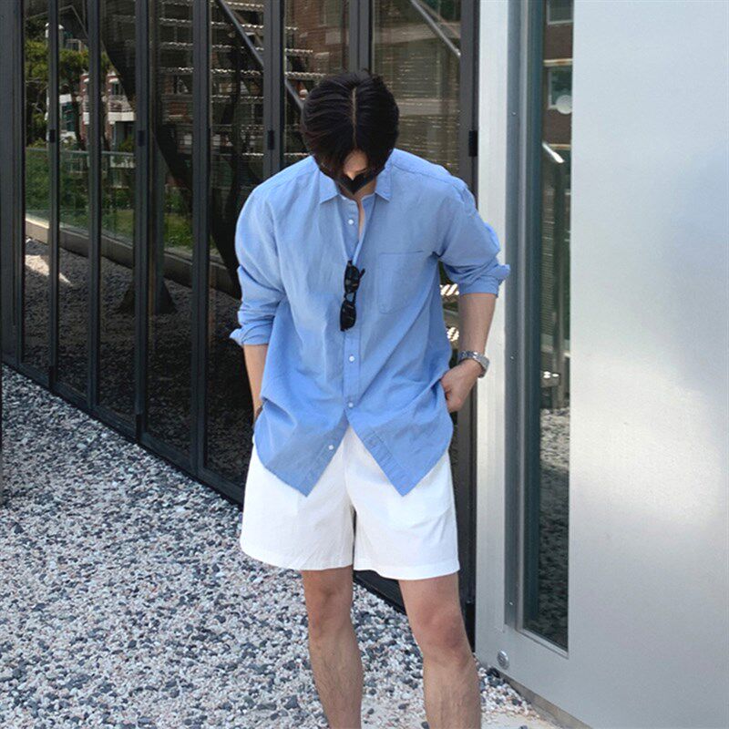 慵懒风棉麻长袖衬衫套装男薄款透气防晒开衫亚麻工装短裤两件套潮
