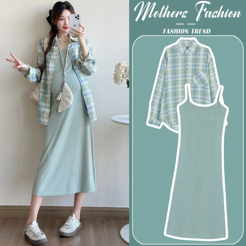 孕妇连衣裙套装春秋夏显瘦气质2024新款吊带连衣裙格子衬衫两件套
