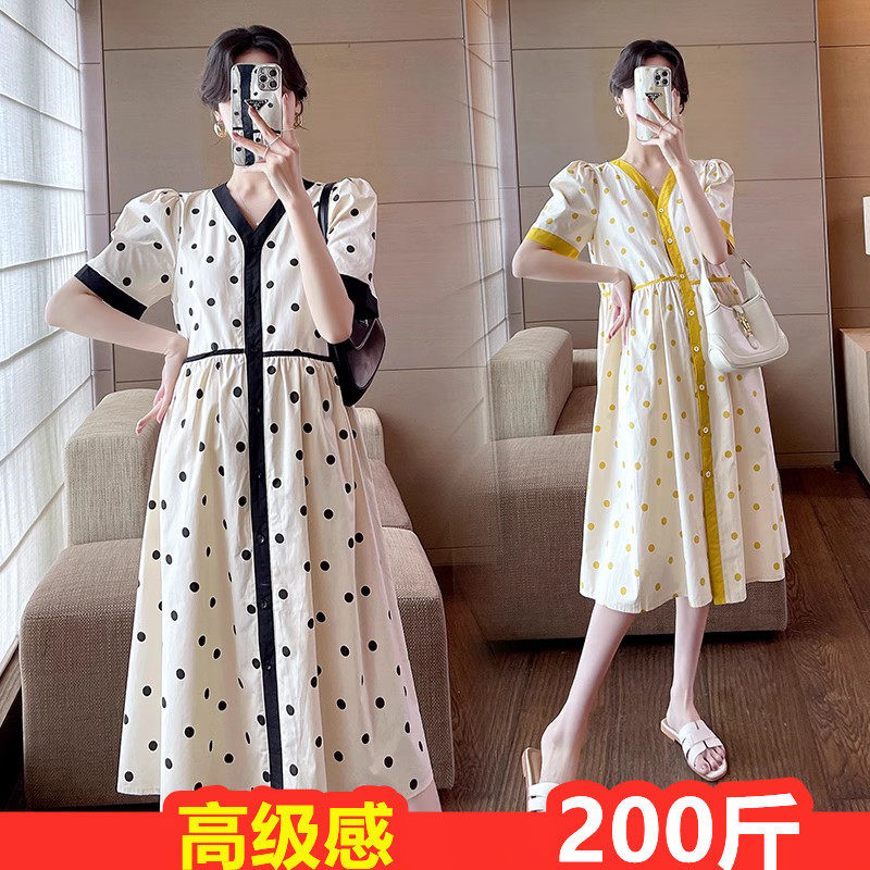 特大码孕妇夏装连衣裙口袋200斤时尚波点气质减龄开扣短袖哺乳裙