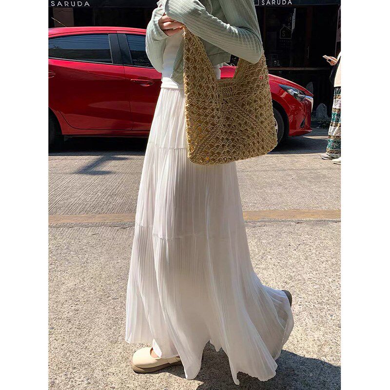 白色雪纺半身裙孕妇夏季抽绳百搭蛋糕裙子百褶长款压褶a子大摆裙