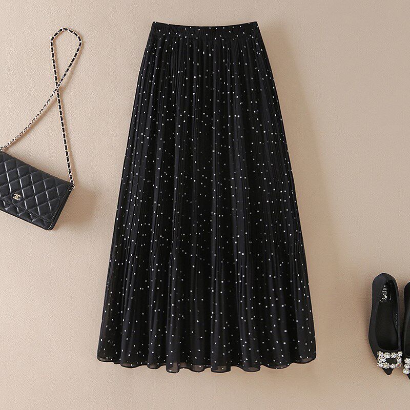 百褶波点半身裙夏季新款高级感牙签褶松紧高腰优雅中长款印花半裙