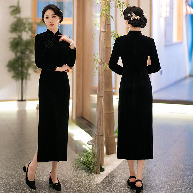 老上海改良版旗袍女秋冬季加厚韩国绒黑色复古连衣裙妈妈长款裙子