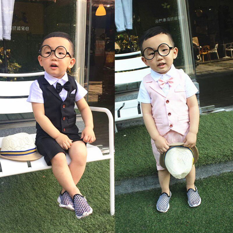 儿童夏装2男童礼服套装3潮4夏季5小孩马甲1岁宝宝短袖西装三件套