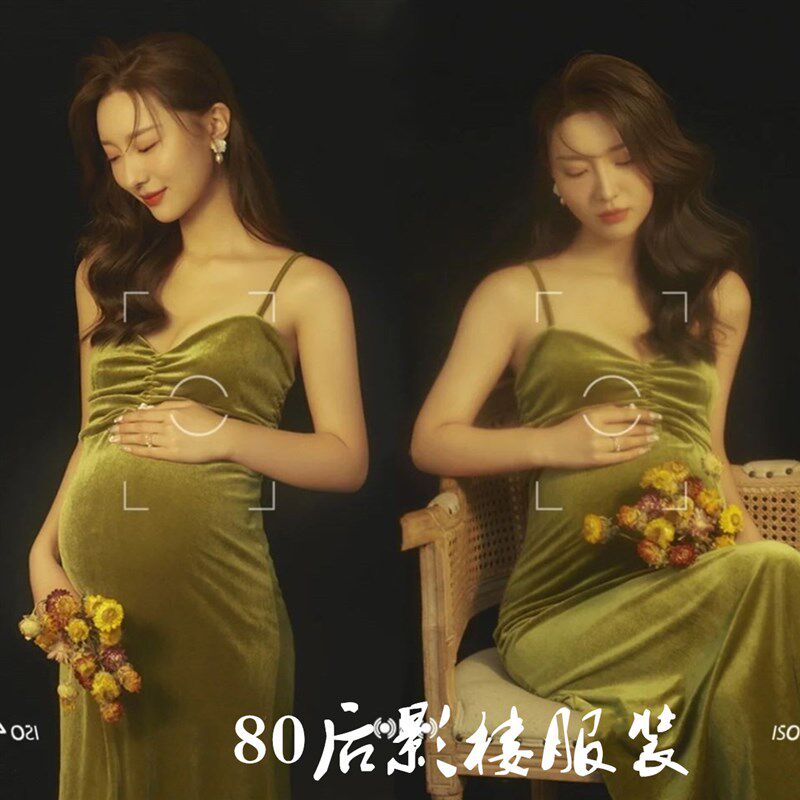 影楼新款孕妈咪拍照服装孕妇摄影写真主题服装绿色显瘦丝绒吊带裙
