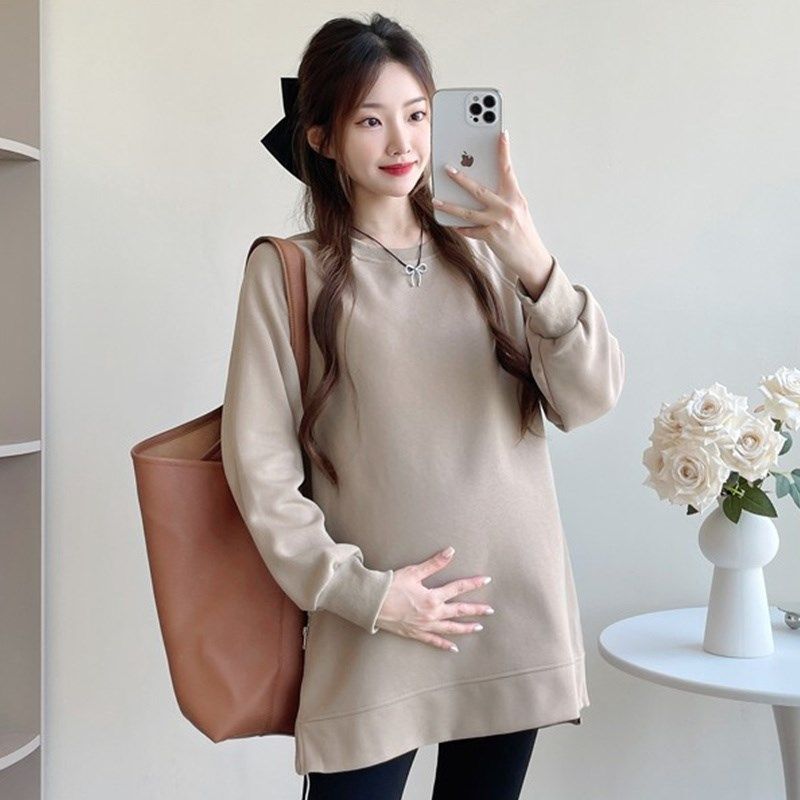 孕妇装秋装时尚简约休闲长袖上衣冬装加绒保暖卫衣宽松休闲打底衫