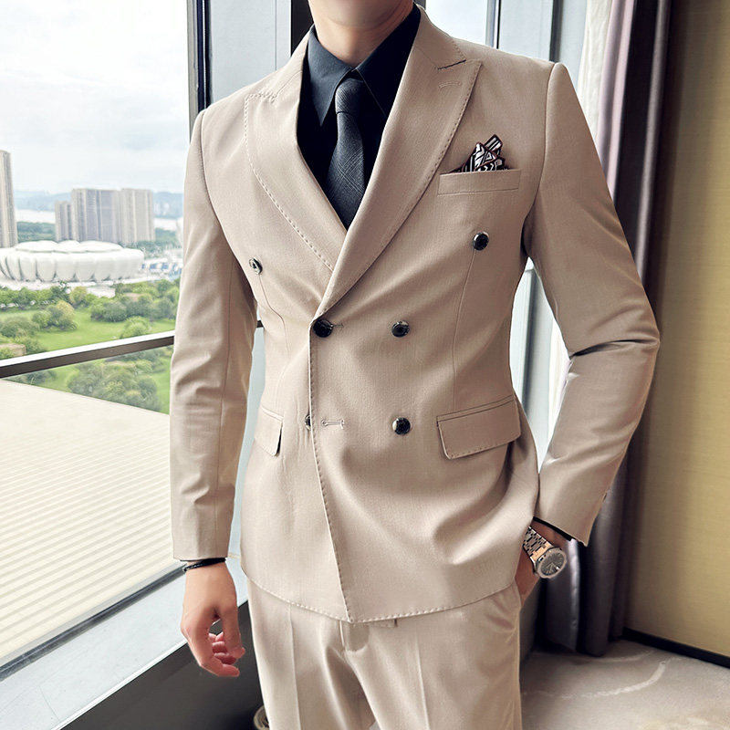 戗驳领双排扣卡其色西服套装男新郎结婚礼服正装商务修身休闲西装