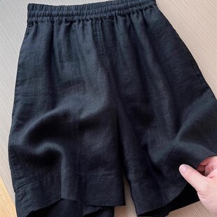 加码纯色简约高端亚麻短裤女士夏季2025新弹性高腰修身阔腿裤
