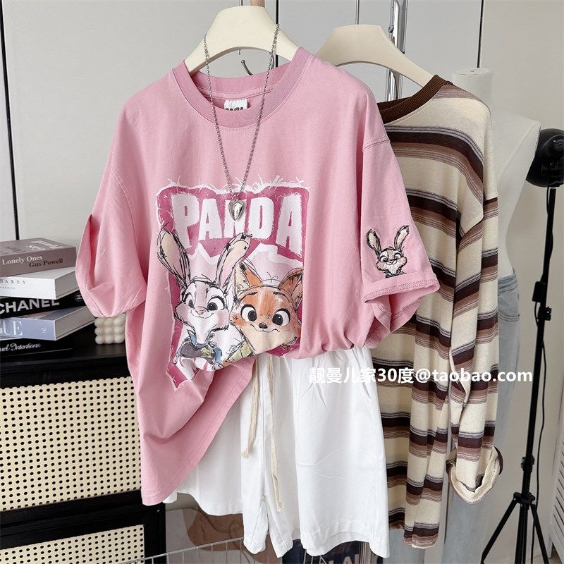 俏皮可爱闺蜜~纸袋家宽松大版水洗纯棉上衣夏季女装韩系短袖T恤衫,女装/女士精品,T恤,淘宝优惠券,粉丝福利购,淘宝优惠卷