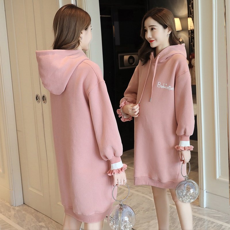 孕妇洋装秋装2023新款韩版加厚宽松中长版加绒卫衣春秋冬季外套