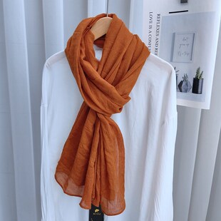 焦糖色棉麻围巾女春秋冬季2023新款纯色百搭文艺复古韩版纱巾披肩