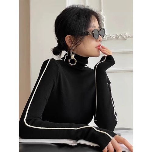 黑色高领打底衫女秋冬2024新款撞色高级感针织衫内搭不起球毛衣