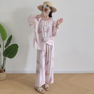 棉绸长袖睡衣女士夏季薄款宽松大码圆领开衫上衣阔腿裤套装家居服