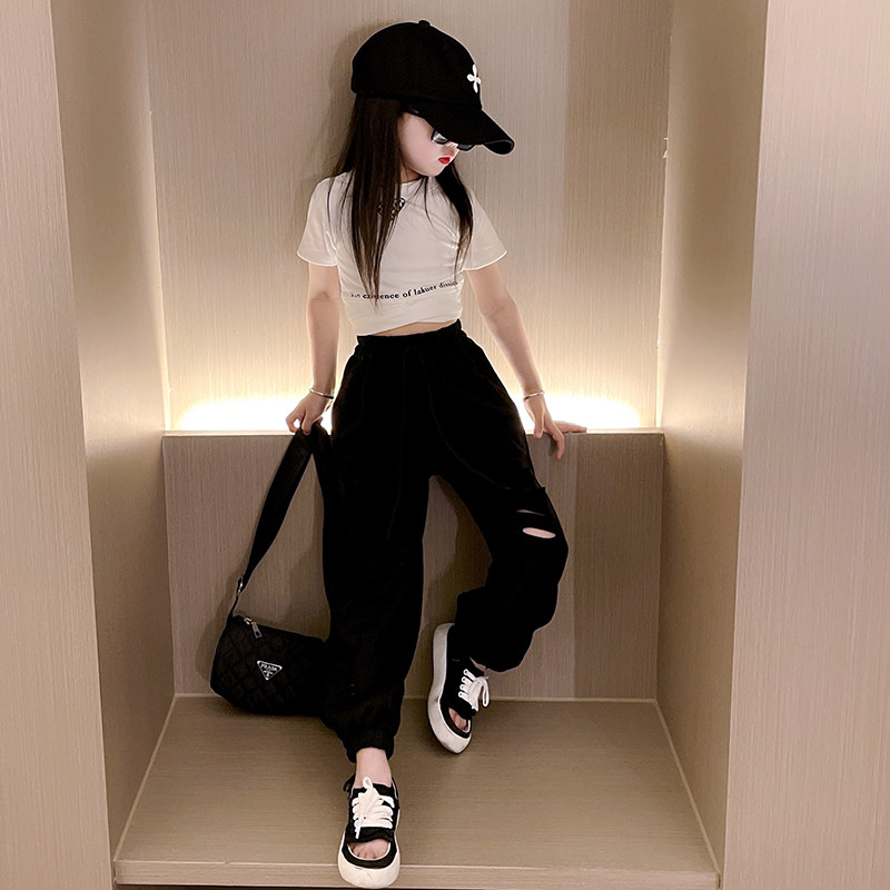 2023夏装新款女童韩版洋派交叉短袖T恤儿童宝宝夏季破洞裤两件套