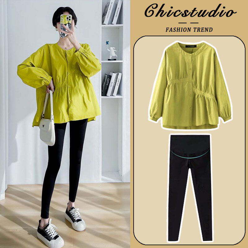 孕妇套装春秋时尚洋气时髦2025新款芥末黄上衣裤子两件套长袖圆领