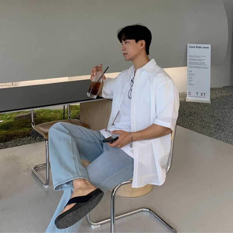 衬衫短袖男夏季潮牌潮流休闲夏天白色冰丝休闲半袖衬寸衣韩版潮流