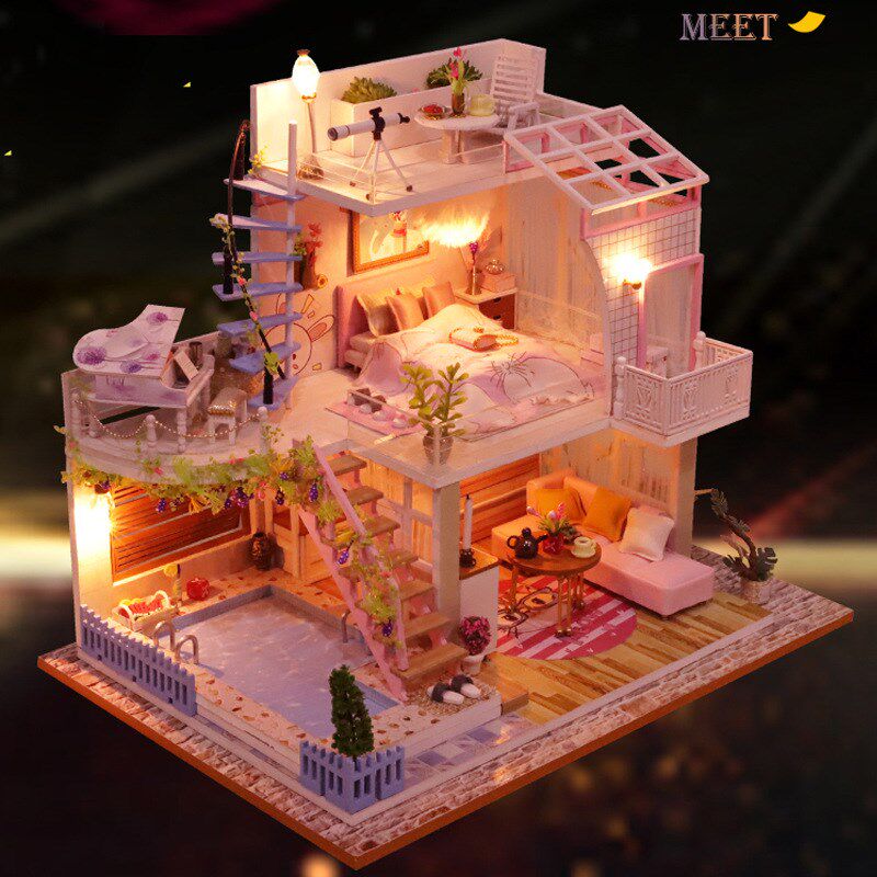 小房子diy小屋钢琴泳池双层娃娃屋模型遇见小时光创意礼物公主屋