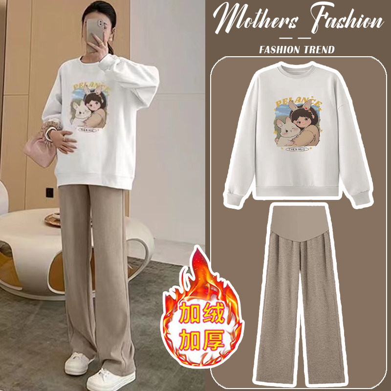 孕妇套装秋冬2025新款白色加绒加厚卡通休闲卫衣上衣裤子两件套潮